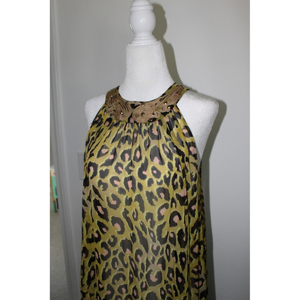 H&M Women's Leopard Halter Maxi Dress Gold Embroidered Chartreuse Sleeveless M/L - Picture 3 of 11